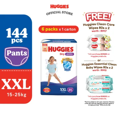 Huggies Dry Pants Diapers M42/L34/XL40/XXL24 (6 Packs) - Fastest Absorbing Baby Diaper