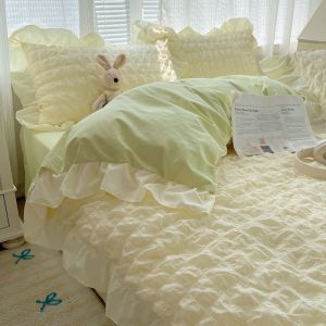 ins Princess Style Washed Cotton Four-Piece Set Bubble Gauze Girly Heart Bed Sheet Duvet Cover Single Student Dormitory Three-Piece Set LZD