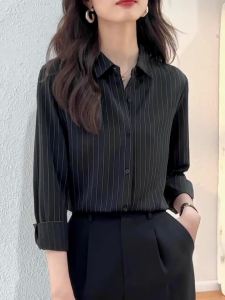 《812》AMMIN 2023 Áo sơ mi chiffon dài tay sọc dọc đơn giản thời trang mới cho phụ nữ phong cách Hàn Quốc cardigan cổ điển đơn hàng nút áo blouse thanh lịch cho công việc