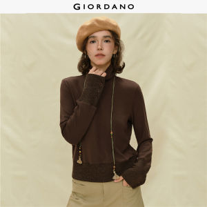 Giordano Women Slouchy High-Neck Knitted Long-Sleeve T-Shirt with Contrast Ribbed Panels Free Shipping 18325706