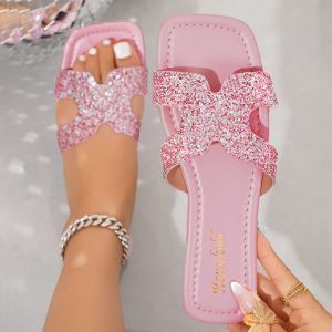 Colorful Rhinestone Casual Large Size Slippers 2025 Summer New Outdoor Fashion Single Strap Beach Slippers