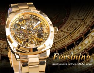 Forsining fashion transparent retro mens automatic mechanical watch top brand luxury full gold luminous pointer skeleton clock. Mens gift