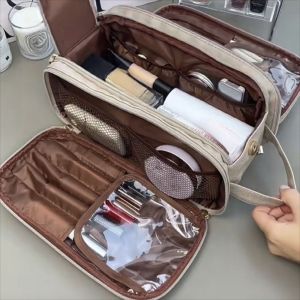 STARGOODS PU Leather Multifunctional Makeup Bag Double Zipper Large Capacity Toiletries Storage Bag Space Saving Easy Access Cosmetic Handbag For Women