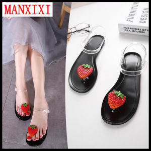 MANXIXI Brand Roman Bohemian Style Fashion Jelly Flat Sandals Toe Clip Summer Beautiful Strawberry Model Inlay Shoes For Women 35-40 Size
