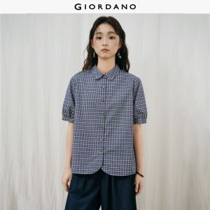 GIORDANO Women Shirts Cotton Blended Plaid Shirts Scalloped Collar Short Sleeve Fashionable Casual Loose Shirts 18346725