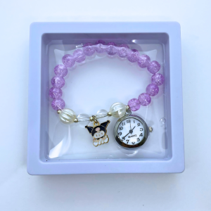Jam Tangan Wanita Gelang Mutiara Versi Terbaru Lengkap Liontin Karakter Kuromi Lucu Elegan +Kotak