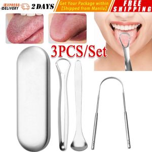 【304 Stainless Steel】3 Pcs Steel Tongue Scraper Metal Brush Dental Kit Tongue Cleaner with Travel Handy Case Care Dental Tool Adult Tongue-Scraper-Kit