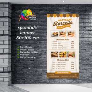 Cetak Spanduk Banner Putih gading cokelat sederhana minimalis daftar menu jualan martabak makanan