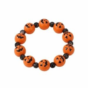 DJDK Wooden Halloween Bracelet Stretchy Elastic Pumpkin Beads Bracelet Devil Eye Bangle Durable Wood Wristband