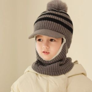 Thermal 2 In 1 Thick Knit Beanie Lightweight Plush Kids Ear Protection Balaclava Gift Pompom Warm Neck Warmer Hat Hiking