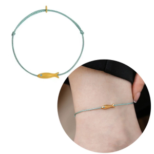 Handmade Blue Silk Thread Bracelet Vintage Gold Fish Charm Bracelet Minimalist Wristband Gift for Girls Women