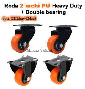 Roda 2 inchi PU (4pcs:2Hidup+2Mati)+Double bearing Heavy Duty Etalase Troli Furniture lemari