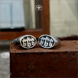 Pewterland Ringskull 666 Flames Cincin 2 Dimensi Bahan Logam Timah Putih Pria dan Wanita