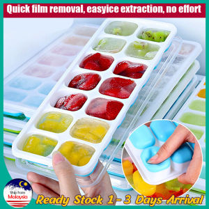 14 Holes Silicon Ice Cube Mold Tray With Cover / Bekas Pembuat Ais Cube Ice Cube Mold Ice Box DIY Homemade Ice Cream Ice Cube Mold refrigerator homemade frozen ice cube model Easy Release Food Grade Silicone Mould