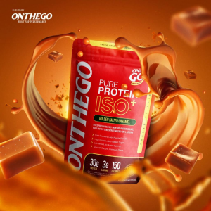 ON THE GO PURE PROTEIN ISO SALTED CARAMEL 30G PROTEIN 3G LEUCINE 150 CALORIES NO SUGAR ADDED HIGH PROTEIN FAST RECOVERY LEAN MUSCLE
