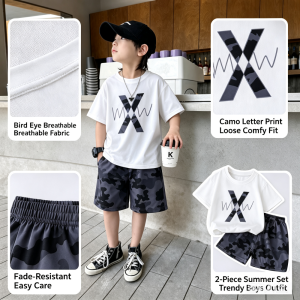 AILEBE Kids Sets Terno Camo Letter Print Short Sleeve Top Shorts Set Breathable Bird Eye Fabric Summer Wear Fade-Resistant Easy Care Loose Comfy Trendy Outfit Pambahay OOTD For Baby Boys 0-6 Years