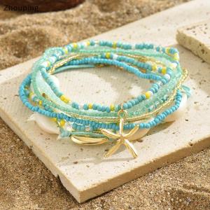 【ZP】 Flash Sale Cute 7Pcs Bohemian Style Starfish Hand Woven Bracelet For Women Girls Fashion Beaded Bracelet Summer Beach Vacation Accessories