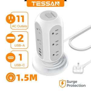 TESSAN Surge Protector Power Strip Vertical Tower with USB and 8 Outlets 3 Meter Extension Cord  8 Way Extension Socket Flat Plug Power Bars All-in-one Desk Charging Station Power Adapter Plug Extension Splitter Charger for Dorm Home Office Accessories