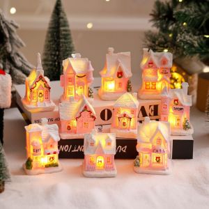 PHANT Cute Christmas Glowing Small House Resin Luminous Christmas Decorations Figurines Fairy Night Lamp Elegant Christmas House Ornament Home Xmas Decor