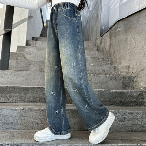 130-160cm กางเกงยีนส์เด็กผู้หญิง กางเกงขายาวเด็กแฟชั่น เอวสูง การออกแบบโบว์ น่ารัก【จัดส่งจากประเทศไทย】