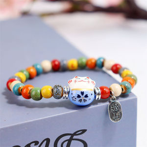 Hmeme Dễ Thương May Mắn Mèo Vòng Đeo Tay Cho Phụ Nữ Cô Gái Có Thể Điều Chỉnh Đầy Màu Sắc Đính Cườm Vòng Đeo Tay Trung Quốc Phong Cách Gốm Sứ Mèo Mặt Dây Chuyền Vòng Đeo Tay Đồ Trang Sức