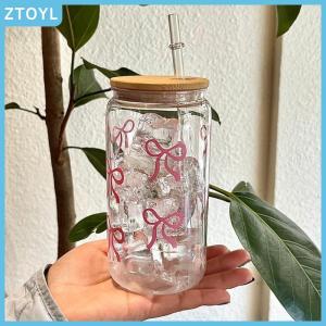 ZTOYL 500ml Bow Plastic Water Cup Mason Jar Shaped Water Bottle With Lid And Straw For Iced Coffee Juice Drink Cup Gift