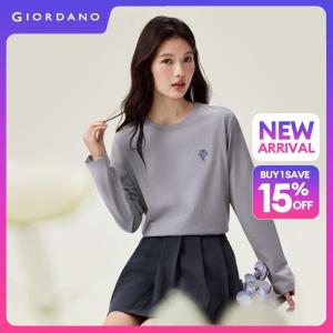 Giordano Beau Monde Women Bouquet embroidery long sleeve cotton tee Free Shipping 13326797