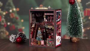 Christmas DIY Miniature Dollhouse Book Nook 3D Wooden Puzzle Kit with LED Lights Holiday Home Decor Gift
