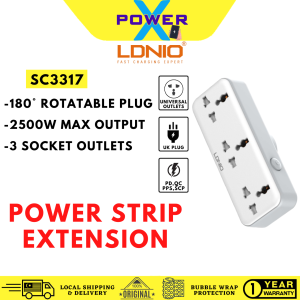 LDNIO SC3317 30W USB Output 2500W 3 Universal Outlet Wall Extension 180 Degree Rotatable Plug Power Socket PD+QC 3.0