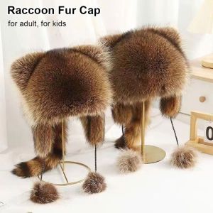GORGE 1Pcs Warm Raccoon Fur Cap Thickened with Fur Balls Winter Hat Fashion Bomber Pom Hat for Kids Adult