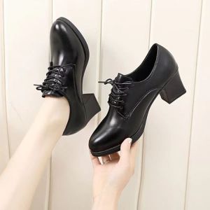 Free Shipping WomenS Shallow-Toe Pumps 2026 Autumn New Fashion Versatile High-Heeled Chunky Heel Pointed-Toe Mid-Heel Professional Leather Shoes