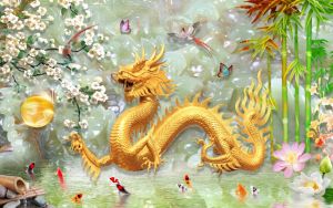 Tranh dán tường phong thủy VTC Rồng vàng LunaTM-0118 kim sa nhiều mẫu và kích thước