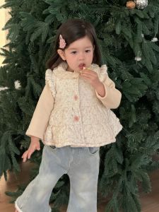 Childrens Lace Cotton Vest Winter Clothes Korean Style Childrens Clothing 2025 Baby Winter Outfit Girls Denim Jeans Set