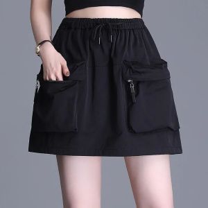 Womens Casual Dress High Waisted 2023 Summer New Korean Version Anti Walking Light Pocket A-line Short Skirt Tied Waist Half Skirt Pants