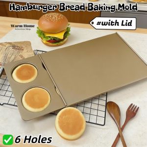 Hamburger Bun Baking Pan 6 Cavity With Cover Nonstick Carbon Steel Food Safe Reusable Heat Resistant Oven Bakeware