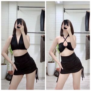 Bikini đồ bơi nữ đi biển 2 mảnh áo mặc 2 kiểu mix váy rút sườn FUNNY BIKINI MS-P12