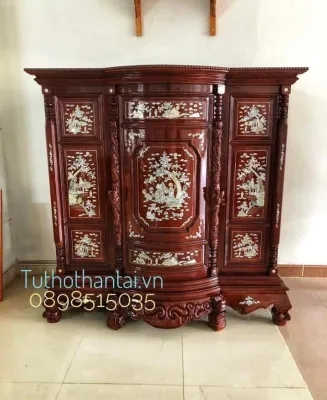 Tủ thờ gia tiên gỗ Căm Xe Zin mẫu Bụng Phệ cẩn Trai ngang 154cm