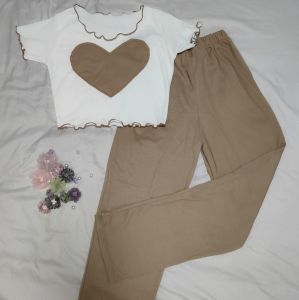 【SG】(SET)Fungus edge design niche versatile slim short top for women summer gentle and slim white short-sleeved top + slim trousers for women