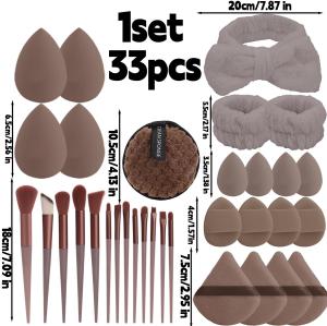 33PCS Makeup Brush Set Makeup Sponge Powder Puff  Foundation Concealers Eye Shadows Blush Makeup Brushes Makeup Face Wash Wristbands Tools