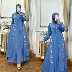 Labella Dress Terbaru Lebaran 2025 Gamis Abaya Bordir 2 Layer Busui Friendly Resleting Depan Baju Wanita Motif Bunga