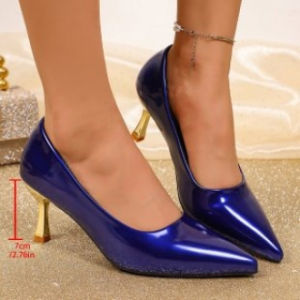 [Free Shipping] 2026 New Royal Blue Pointed-Toe Patent Leather High Heels Metallic Stiletto Heels Shallow-Toe WomenS Shoes