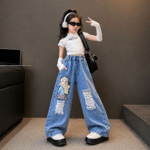 Celana Kulot sobek jeans panjang motif barbie celana anak perempuan 3-12tahun jeans denim lembut