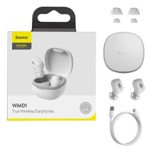 Baseus WM01 Earbuds Wireless Bluetooth 5.3 Headphones TWS Sports Earphones Noise Cancelling Touch Control For Headset Gamer for iPhone 17 16 15 Pro Max (White color)