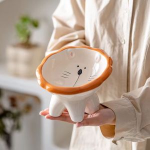 OUTOPEN Protect The Cervical Cat Bowl Oblique High Feet Ceramic Dog Bowl Neck Guard Cute Pet Bowl Pet Supplies
