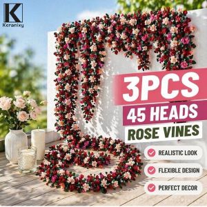Keranixy Artificial Rose Vine Garland Set Silk Flower Rattan Flexible Diy Wedding Party Wall Decor