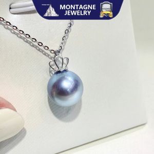 Montagne Jewelry 18k Pure White Gold Pendant Crown Design Fine Jewellery Natural 8-9mm Gray Akoya Pearl Pendant Necklace