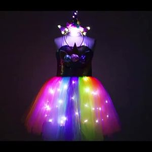 2025CODGirls Unicorn Tutu Dress Rainbow Princess Dresses Kids 1-10 years Birthday Party LED Glow Party Dress Rainbow Hair Band Wings