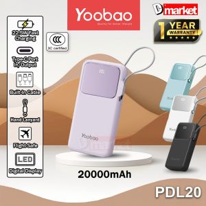 【3C Certified】Yoobao PDL20 20000mAh Powerbank 22.5W Fast Charging Power Bank Built-In Cable Pawer Bank Yoobao Powerbank