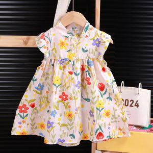 AILEBE Kids Dresses Four Way Stretch A Line Dress With Front Snap Easy On Off Lotus Leaf Ruffle Cuffs Cute Cartoon Print Soft Cotton-Blend Summer Wear OOTD Pambahay For Baby Girls 0-12 Years Perfect For Daily