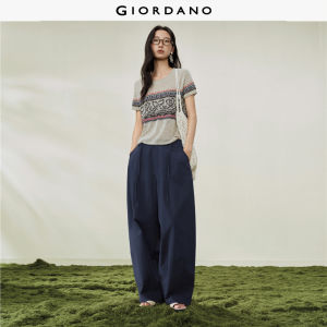 Giordano Women Pure cotton tie waist high-waisted woven wide-leg leisure trousers - High Quality Free Shipping 18416602